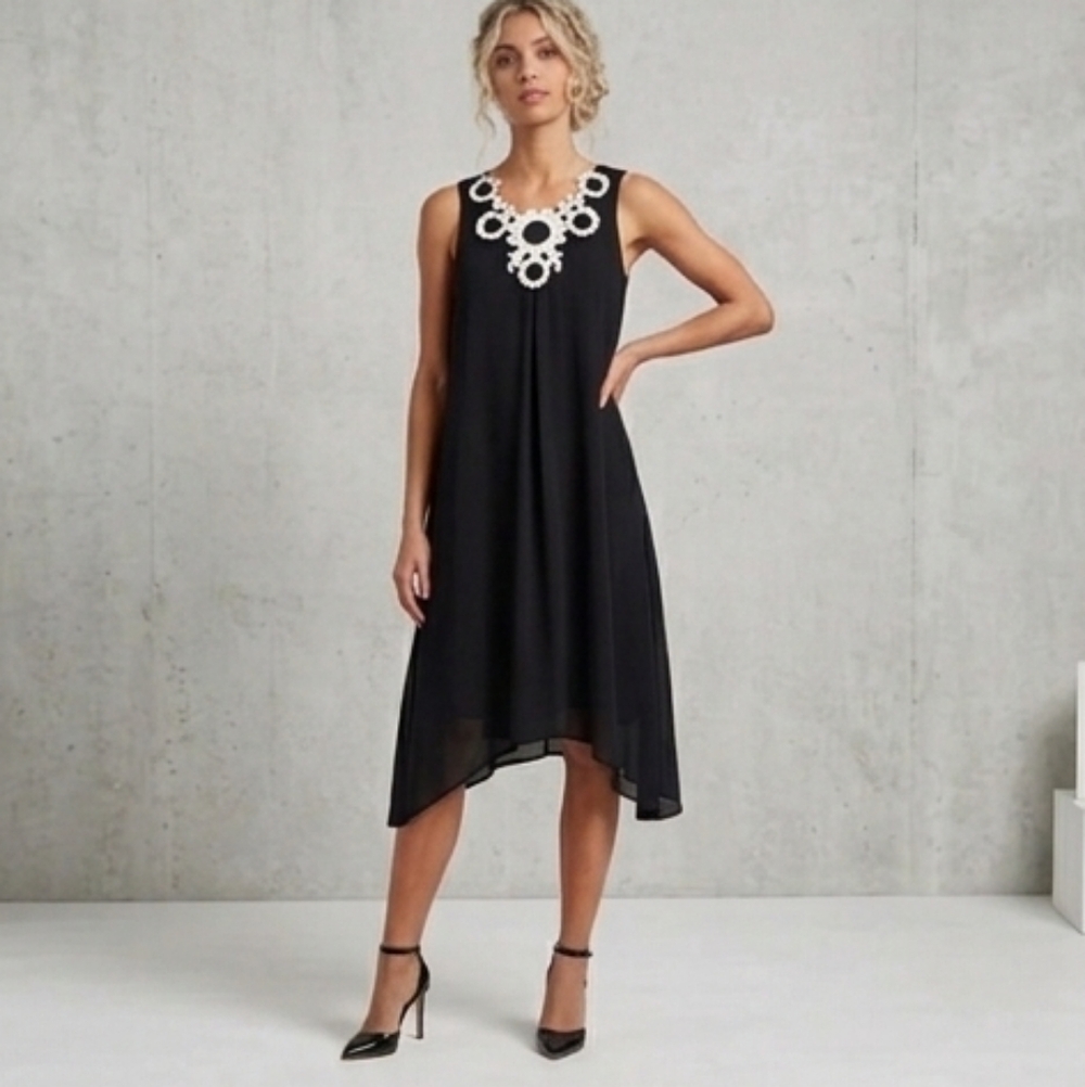 Max Studio Black Assymetrical Midi Dress W/White Embroidered Appliqued Design S